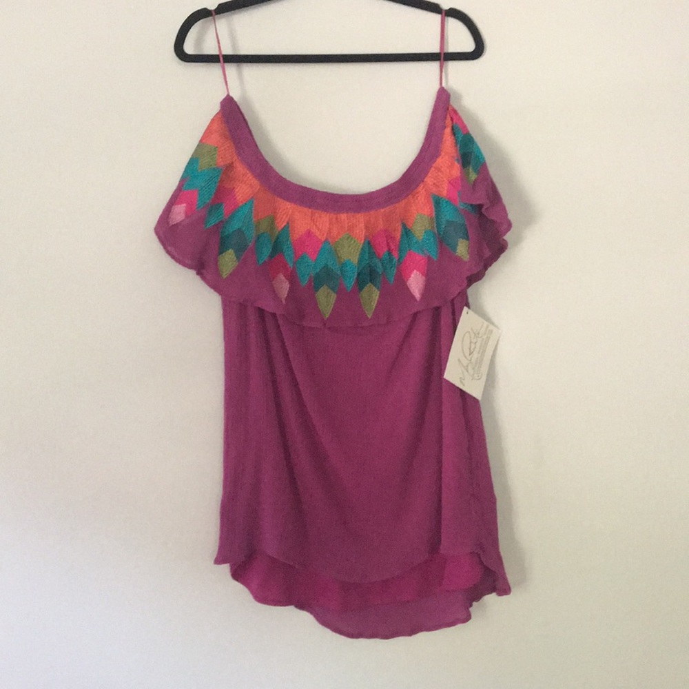 Colorful embroidered off the shoulder top